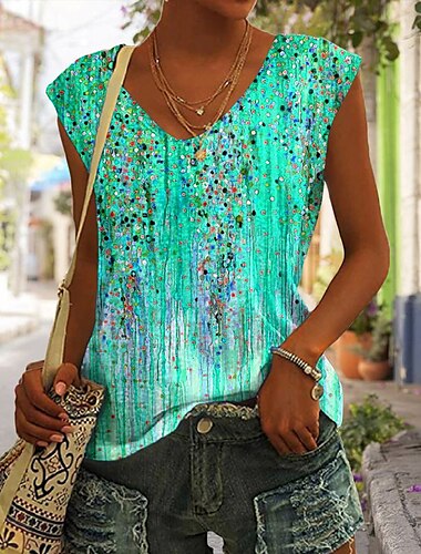  Tanktop für Damen, Basic-Print, ärmellos, normale Oberteile, V-Ausschnitt, lässig, rosa, blau, lila, orange, grün