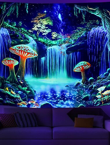  Tapisserie à lumière noire réactive aux UV qui brille dans le noir, fête, néon, champignons, psychédélique, trippant, brumeux, décoration murale suspendue pour salon, chambre à coucher