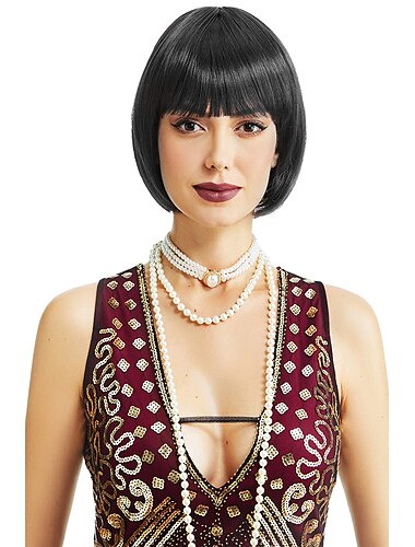  Περούκα Flapper 1920s Κοντή Υπέροχη Gatsby Bobo Περούκα Μαύρη Ίσια Περούκα Φλοπέρ Εξαίρεση Χαρακτηριστικά Περούκες Halloween