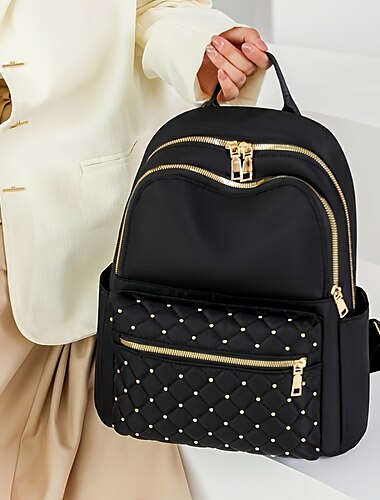  Sac à dos en nylon matelassé noir pour femme avec fermetures éclair dorées et poche avant cloutée – sac léger et élégant pour l'école, le travail ou un usage quotidien