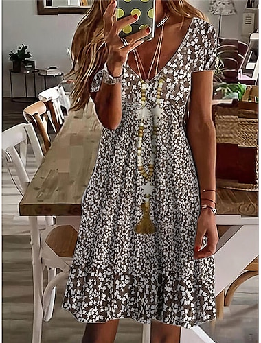  Mujer Floral Cachemir Estampado Escote en Pico Mini vestido Diario Cita Manga Corta Verano Primavera