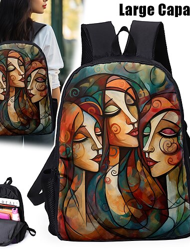  Sac à dos abstrait avec portrait féminin pour adolescentes – Sac d'école coloré avec imprimé artistique et grande capacité pour les filles élégantes