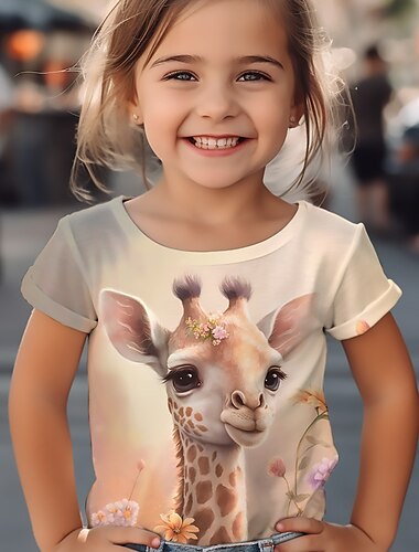  للفتيات 3D الرسم كارتون زرافة تي شيرت كنزة مطبوعة كم قصير طباعة ثلاثية الأبعاد الصيف الربيع نشيط موضة لطيف أطفال 3-12 سنة الأماكن المفتوحة فضفاض مناسب للبس اليومي عادي