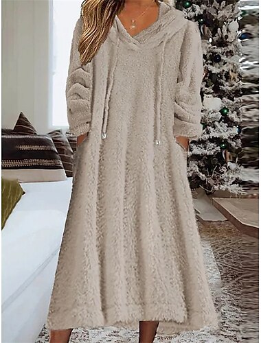  Damen Loungewear Nachthemd Kleid reine Farbe lässig bequem weich zu Hause täglich ausgehen Korallenfleece Korallensamt warmer Kapuzenpullover lange Ärmel Herbst Winter Home Outfits