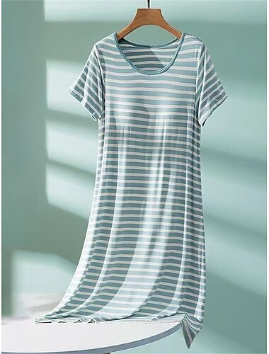  Damen-Schlafanzug, Nachthemd, Nachthemd, Kleid, Streifen, lässig, bequem, weich, für zu Hause, tägliches Bett, atmungsaktiv, Rundhalsausschnitt, kurze Ärmel, Sommer, Frühling, Heim-Outfits