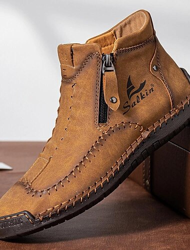  Bottines décontractées en cuir marron pour hommes avec fermeture éclair et design cousu à la main - confortables et légères pour un usage quotidien et extérieur