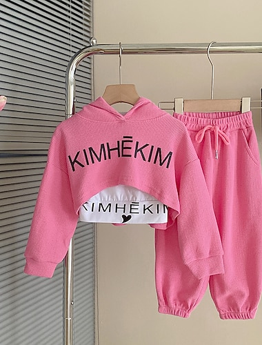  3 deler Barn Jente Bokstaver Broderi Hettegenser og joggebuksesett Sett Langermet Mote utendørs Bomull 3-7 år Vår Rosa Grå