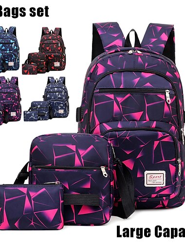  Ensemble de 3 sacs à dos d'école à imprimé géométrique - sac à dos de grande capacité avec sac à bandoulière et trousse à crayons pour garçons et filles, durable et résistant à l'eau pour le collège et le lycée