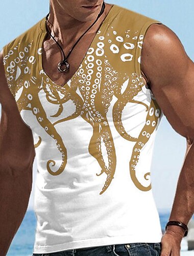  Herren Graphic Tier Oktopus Tank Top Shirt Ärmelloses T-Shirt für Männer Ärmellos T-Shirt 3D-Druck V Ausschnitt Hemd Designer Brautkleider schlicht Muskel Sport Laufen Fitnessstudio Schwarz Gelb Blau