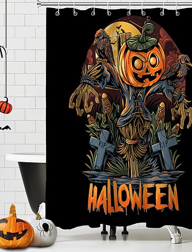  Halloween-Horror-Duschvorhang mit Haken, Badezimmer-Dekor, wasserdichtes Stoff-Duschvorhang-Set mit 12 Kunststoff-Haken, Skelett-Kürbis-Hexe