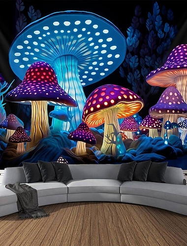  ciuperci fantezie cu lumină neagră tapiserie reactivă uv strălucire în întuneric trippy cețos natură peisaj agățat tapiserie murală pentru sufragerie dormitor