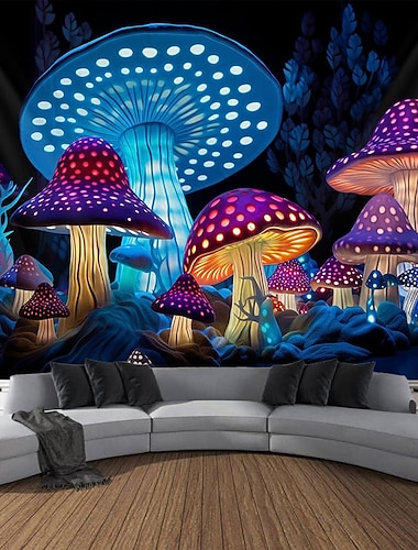  champignon fantasi blacklight gobelin uv reaktiv glød i mørke trippy tåget natur landskab hængende gobelin vægkunst vægmaleri til stue soveværelse