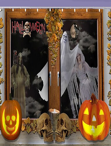  Halloween-Horror-Duschvorhang, Halloween-Duschvorhang, Bauernhaus-Badezimmer-Dekor-Set, Polyester, wasserdicht, 12 Stück, Kunststoffhaken, Skelett, Kürbis, Hexe