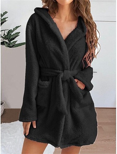  Damen-Schlafanzug, Bademantel, Bademantel, einfarbig, lässig, bequem, weich, für zu Hause, tägliches Bett, Korallenfleece, Korallensamt, Frottee, warmer Kapuzenpullover, lange Ärmel, Tasche,