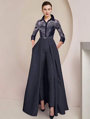  Kombinezon dla matki panny młodej formalny elegancki z kołnierzykiem długość kostki satyna koronka rękaw 3/4 z fałdami