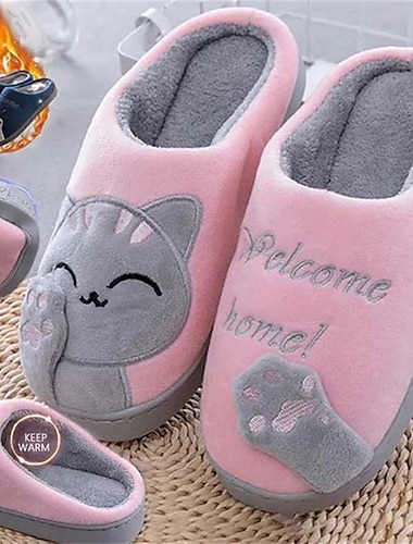  Mujer Zapatillas Zapatillas borrosas Zapatillas de interior Pantuflas Calientes Hogar Caricatura Gato Invierno Tacón Plano Dedo redondo Moda Estilo lindo Felpa Satén rosa y gris Negro Rosa