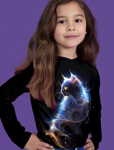  Da ragazza 3D Animali Gatto maglietta Manica lunga Stampa 3D Autunno Inverno Attivo Di tendenza Giornaliero Bambino 3-12 anni Esterno Giornaliero Standard