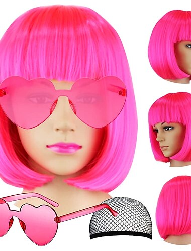  pelucas de pelo corto bob rectas con flequillo plano sintético colorido cosplay fiesta diaria peluca de neón para mujeres (solo pelucas)