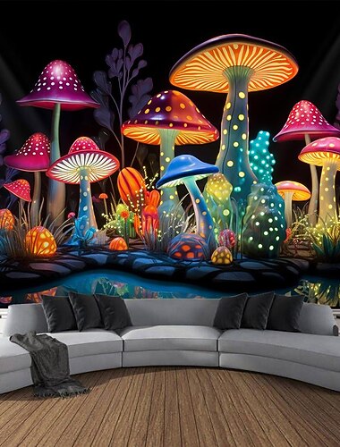  paddenstoel fantasie blacklight wandtapijt glow in the dark glow party uv reactief trippy mistig natuur landschap hangend wandtapijt muurschildering voor woonkamer slaapkamer