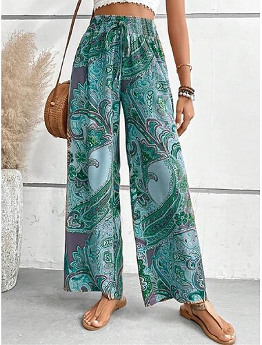  Dame Bred Bukseben kinesisk Bukser Ferie Etnisk Fritid Full lengde Høy Midje Blomsternål i krystall Elastisk midje Posete Trykt mønster Komfort Pusteevne Myk Mikroelastisk Feriereise Dagligdagstøy Ut