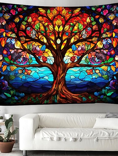  l.t.home boom des levens hangend wandtapijt glas in lood kleurrijke wandkunst groot wandtapijt muurschildering decor foto achtergrond deken gordijn huis slaapkamer woonkamer decoratie
