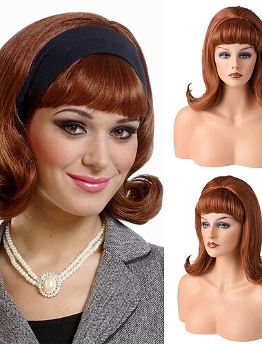  retro brun parykk 50-talls 60-talls 70-talls parykk med pannelugg for kvinner syntetisk hår til halloween kostymefest