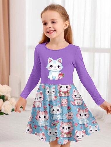  Mädchen' 3D Graphic Karikatur Katze Kleid Langarm 3D-Druck Sommer Frühling Herbst Urlaub Sport & Natur Täglich Kuschelig Brautkleider schlicht Schön kinderkleidung 3-12 Jahre Casual kleid A Linie