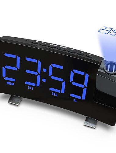  Projektionsuhren, FM-Radio, gebogener Bildschirm, digitaler Wecker, LED-Display mit Dimmer, Dual-Alarm mit USB-Ladeanschluss, 12/24-Stunden-Backup-Batterie für die Uhreinstellung