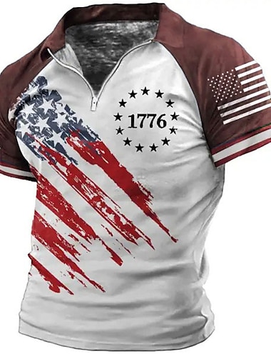  Herren Grafik-Drucke Amerikanische Flagge Veteranen Patriotisch Poloshirts Zip Polo Golfhemd Kurze Ärmel Hemd Umlegekragen Outdoor Strasse Schwarz Wein Blau Braun Zip Bedruckt Bekleidung Modisch