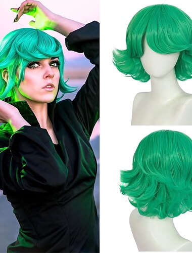  Peluca verde con flequillo para niñas, peluca tatsumaki, peluca corta y esponjosa, peluca verde para cosplay, peluca sintética para disfraz de carnaval para mujeres