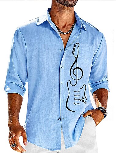  Herren Gitarre Hemd Knopfhemd Langarm Mode Streetwear Designer Outdoor Lässig Täglich Sommer Frühling Herbst Umlegekragen Druck Blau Grün Grau