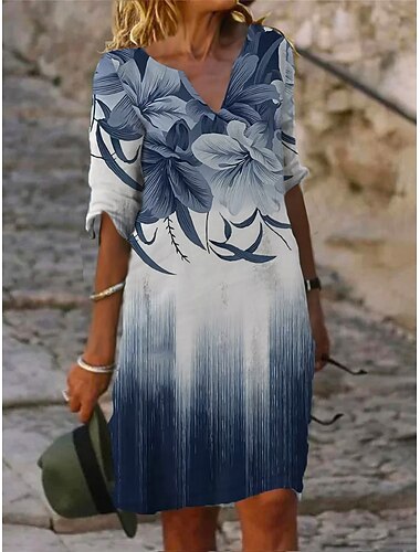  فستان ميني للنساء فستان صغير فستان تي شيرت فستان تي فستان شيفت فستان صيفي أزياء نشطة موضة الشارع في الهواء الطلق عطلة عمل مقاس عادي مزهر نصف بأكمام رقبة مفصولة أزرق بحري أزرق