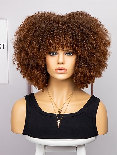  פאות אפרו מתולתלות קצרות עם פוני לנשים שחורות חום אפרו קינקי פאות מתולתלות לנשים שחורות סינטטי עמידות חום פאות חומות פלאפיות פאות מסיבת קרנבל קוספליי