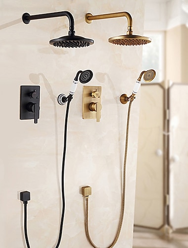  Shower Faucet Set Wall Mounted Vintage Brass, Rainfall Overhead Combo Set Bathroom Mixer Ceramic Shower Hendheld Sprayer High Pressure Black Antique