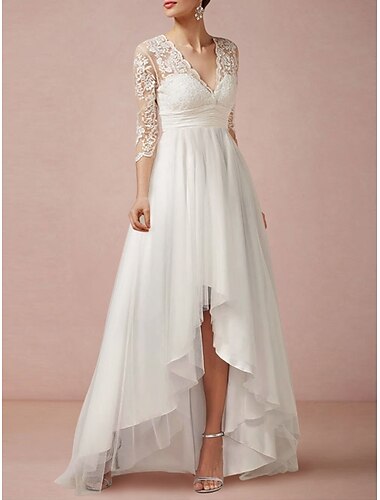  Reifes Hochzeitskleid Etui V-Ausschnitt 3/4 Länge Ärmel Asymmetrisches Chiffon Brautkleid mit Falten Gerafft 2025
