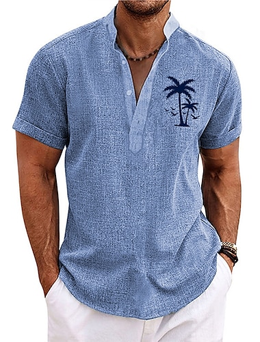  Herren Hemd leinenhemd Strandhemd Hawaiihemd Sommerhemd Kokosnussbaum Outdoor Urlaub Königsblau Blau Grün Khaki Kurzarm Ständer Sommer Frühling Bekleidung Bedruckt