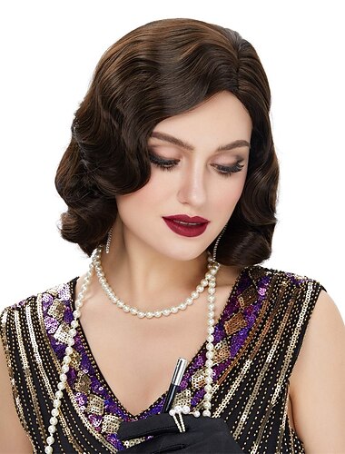  Parrucca Finger Wave Anni '20 Retro di Lunghezza Media Capelli Lunga e Riccia Sintetica per Donne Cosplay Festa di Carnevale Costume Parrucche di Halloween