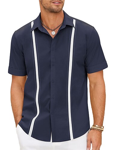  Herren Hemd leinenhemd Guayabera Hemd Sommerhemd Strandhemd Knopfhemd Farbblock Urlaub Lässig Marineblau Blau Khaki Kurzarm Umlegekragen Sommer Bekleidung