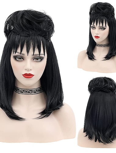  beetlejuice 2 lydia deetz cosplay disfraz fiesta peluca novia moños esponjosos rizado mujer negro medio largo recto escarabajo peluca con flequillo accesorios de disfraz de halloween