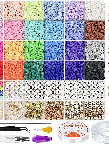  6000 Stück Tonperlen für die Armbandherstellung, 24 Farben, flache runde Polymer-Tonperlen, 6 mm Spacer-Heishi-Perlen mit Anhänger-Charms-Set und elastischen Schnüren für die Schmuckherstellung, Armbänder und Halsketten