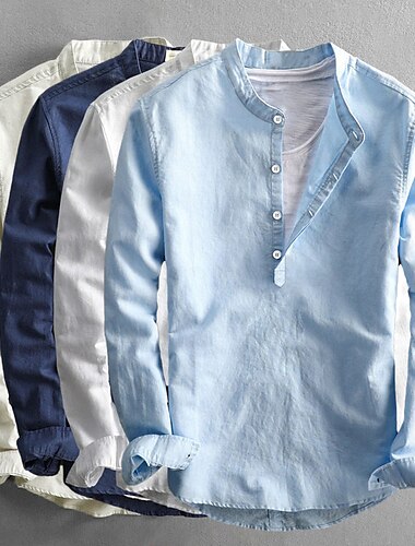  Voor heren Overhemd met bandkraag Popover-shirt Zomer overhemd Strand Kleding Normaal shirt Effen Casual Dagelijks Wit Donkerblauw Licht Luchtblauw Beige Lange mouw Kraag Lente zomer Kleding