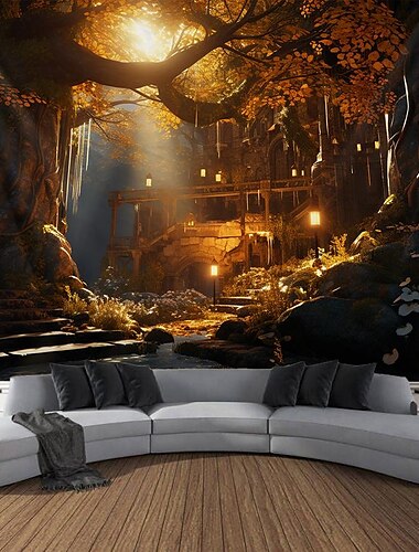  Herbstwald hängender Wandteppich Trippy Wandkunst großer Wandteppich Wanddekor Fotografie Hintergrund Decke Vorhang Zuhause Schlafzimmer Wohnzimmer Dekoration Wandtuch XXL Natur