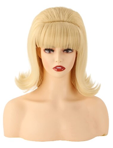  Περικεφαλάτη Γυναικών Flip 70s Pinup Pelucas 60s Retro Beehive Στυλ Vintage Look Περικεφαλαία Betty Rubble για Καρναβαλικά Κοστούμια Γυναικεία με Φράντζα Περικεφαλείες Χαλοουίν