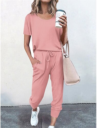  Women's Loungewear Sets Pure Color Fashion Casual Comfort Street Daily Date Polyester Breathable Crew Neck Short Sleeve T shirt Tee Pant Pocket Elastic Waist Summer Fall Black Pink