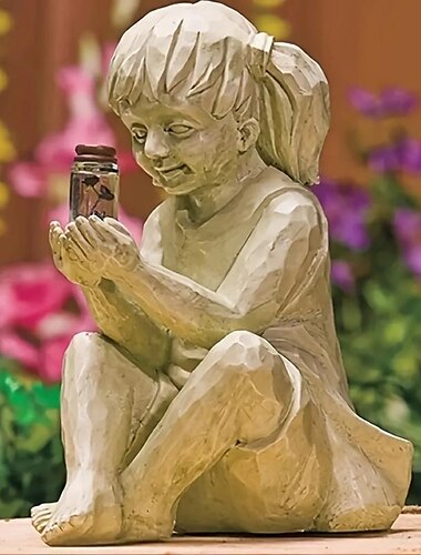  Leuchtender Junge und Mädchen im Freien, Skulptur für den Innenhof, Gartendekoration aus Kunstharz, solarbeleuchtetes Glühwürmchenglas für den Garten im Innenhof mit Schalter, 40-mAh-Batterie,
