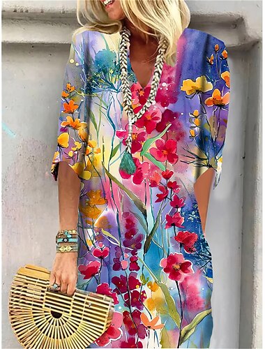  Dámské mini šaty T-košile šaty shift šaty letní šaty vzorové šaty aktivní móda streetwear venkovní dovolená práce pravidelný střih květinový paisley poloviční rukáv V výstřih červená modrá