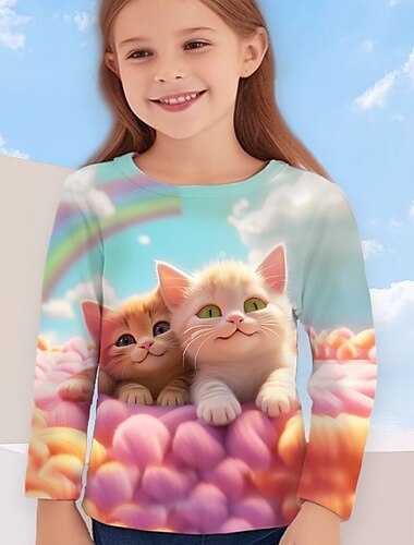  Mädchen 3D Karikatur Katze Wolke T-Shirt Langarm 3D-Druck Sommer Frühling Herbst Aktiv Modisch Kuschelig kinderkleidung 3-12 Jahre Outdoor Casual Täglich Regular Fit