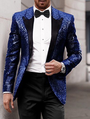  Herren Party Pailletten Blazer 70er Jahre Disco Retro Freizeitjacke regulär einfarbig einreihig Einknopf schwarz gold silber rot blau