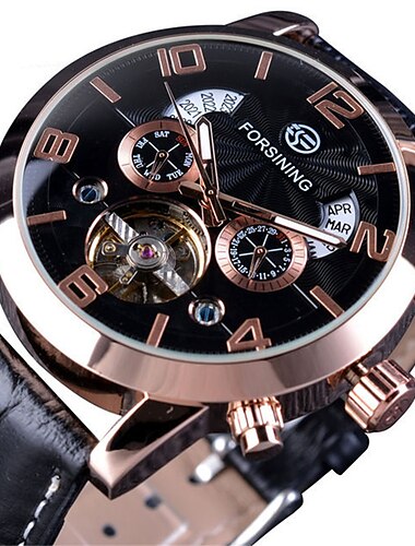  FORSINING Herren Mechanische Uhr Luxus Große Ziffernblatt Mode Business Kalender Datum Woche Leder Uhr