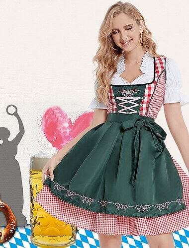  פסטיבל אוקטובר תחפושות חולצה דירנדל עוזרת זוג אוקטוברפסט German מינכן כרי דשא בגדי ריקוד נשים בד בסגנון מסורתי עליון שמלה סינר
